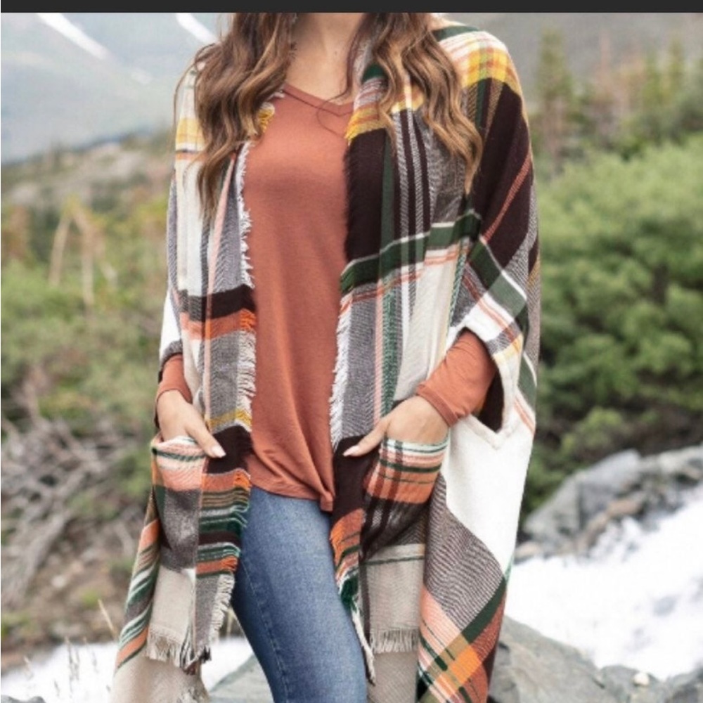 Grace & Lace Fall Plaid Pocket Poncho Scarf One Size